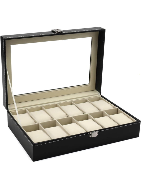 12 Slot Leather Watch Box Display Case Organizer with Framed Glass Lid Elegant Contrast and Removable Pillow for Men and Women Watch and Jewelry Large Holder Boxes