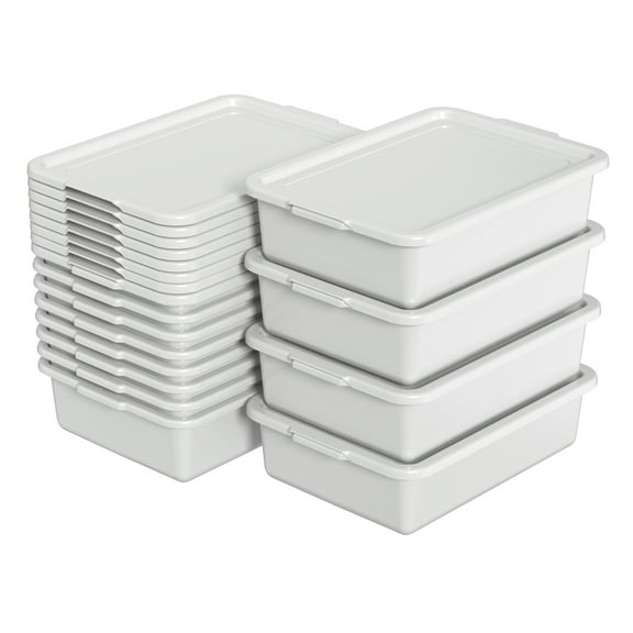 Rinboat 12 Packs Plastic Bus Tubs, Commercial Bus Box with Lid, Gray, 13 L