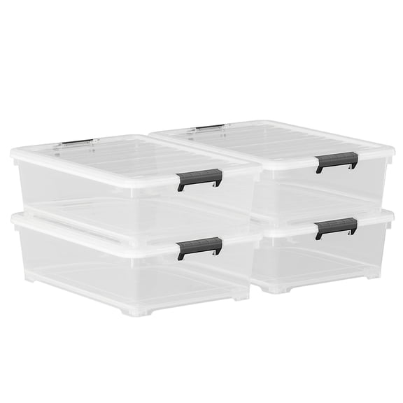 Rinboat 26 Quart Clear Underbed Storage Bin, Plastic Underbed Storage Box, Wheeled Underbed Storage Container with Lid, 4 Packs