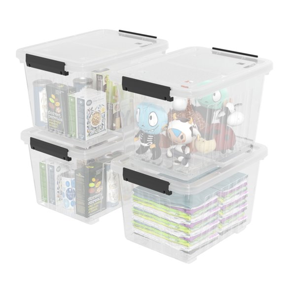 Rinboat 4-Pack Large Plastic Storage Box with Wheels, Clear Storage Latch Bins, 30 L