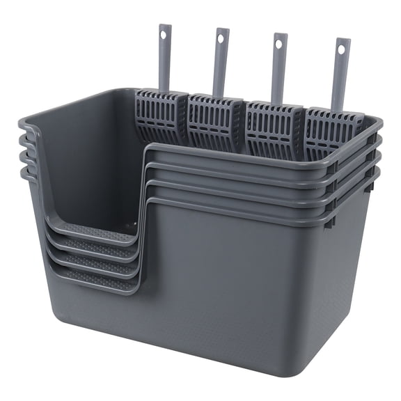 Rinboat 4 Packs Large Open Top Cat Litter Box, High Sides Cat Litter Pan, Including 4 Cleaning Scoops, Gray