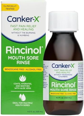 Rincinol Oral Rinse Mouthwash, Quick Pain Relief from Canker Sores, Mouth Burns & More, Benzocaine Free & Alcohol Free Mouthwash, Adults & Kids 6+ Years, 4. Fl. Oz.