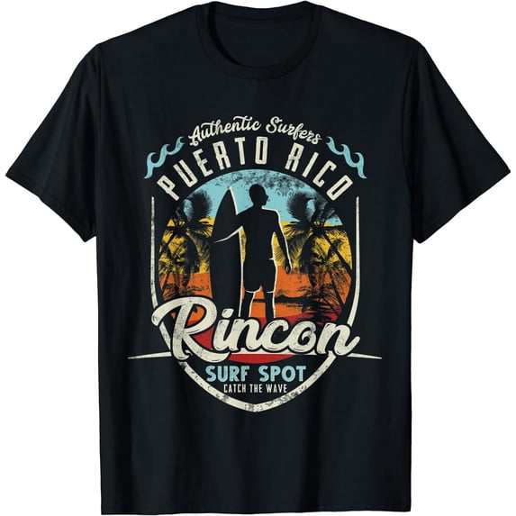 Rincon Surfing Vintage 80s Palm Tree Surfer Puerto Rico Surf T-Shirt Black Medium