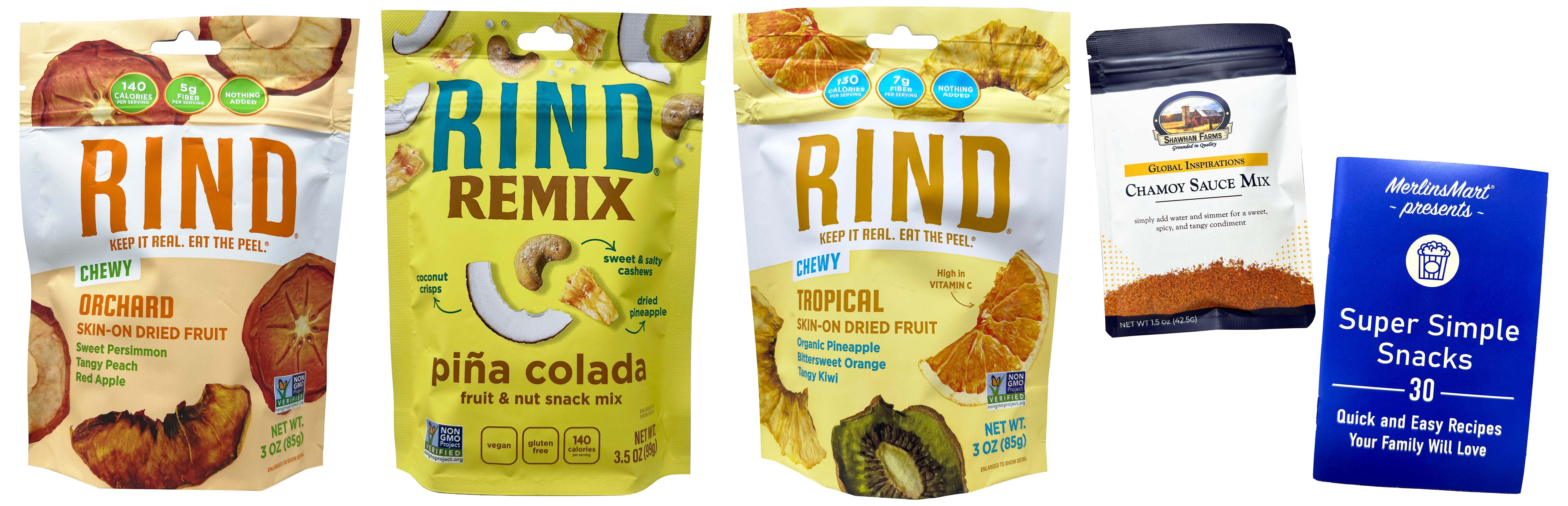 Rind Dried Real Fruits - 3 Flavors (1) Each: Orchard, Pina-Colada Nut Mix, Tropical | Shawhan Farms Chamoy & MerlinsMart Zine
