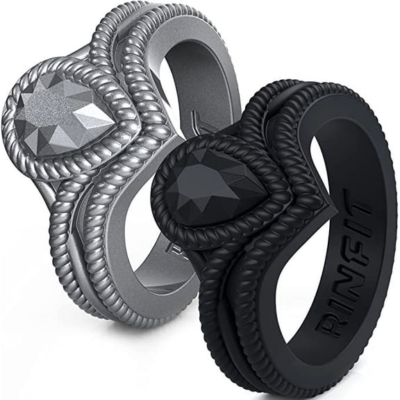 Rinfit Silicone Rings for Women - Female Wedding Rubber Bands - Pear Diamond Metallic Collection - 2 Rings Pack