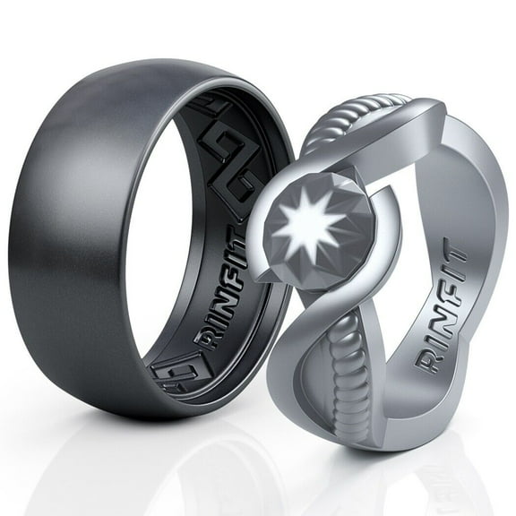 Rinfit Silicone Rings for Women & Men - Couple Sets Rubber Wedding Bands - Inner Step Edge & Diamond Round - Gunmetal Gray, Silver