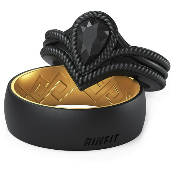 Rinfit Silicone Rings for Women & Men - Couple Sets Rubber Wedding Bands - Two Tone & Diamond Pear - Black & Gold