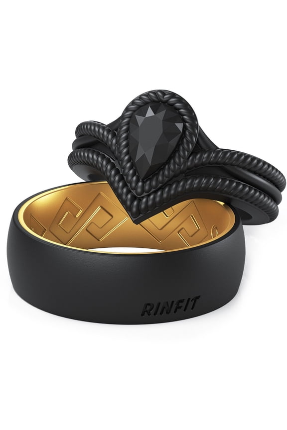 Silicone Rings for Women & Men - Couple Sets Rubber Wedding Bands - Two Tone & Diamond Pear - Black & Gold