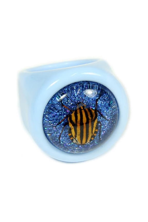 Ring, Striped Shield Bug, Blue with Shiny Blue Background, Size 6