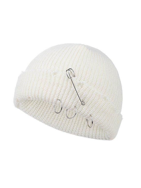 Ring Beanie Hat Unisex Adult Hip-hop Distressed Beanie Rolled Cuff Beanie Skull Caps Punk Grunge Knitted Ripped Hat,One Size