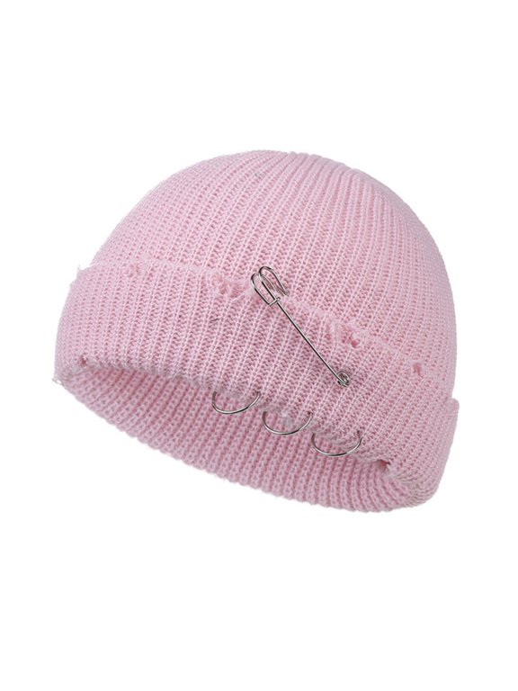 Ring Beanie Hat Unisex Adult Hip-hop Distressed Beanie Rolled Cuff Beanie Skull Caps Punk Grunge Knitted Ripped Hat,One Size