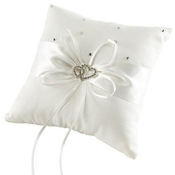 Ring Bearer Pillow 8 x 8 inches Ivory Satin Bow Double Heart Rhinestone Wedding Ring Cushion with Ribbons for Wedding Ceremony Decoration (Satin, 20 x 20 cm)