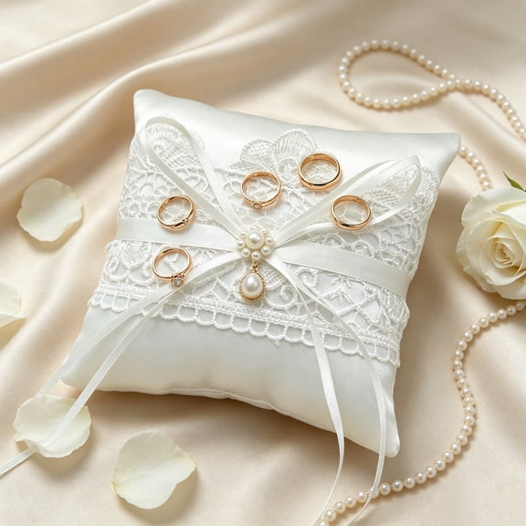 Ring Bearer Pillow for Wedding, Elegant Satin Cushion with Lace Trim, Lace Bowknot Rings Pillows for Party Anniversary