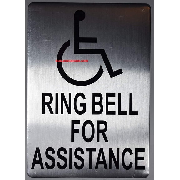 Ring Bell for Assistance with Symbol Sign (SILVER Aluminum, 7x10, Double Sided Tape)-The Pour Tous Blue LINE