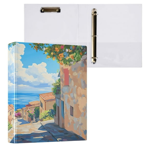 Ring Binders Scenic Coastal Village Painting Presentation1.5-inch, Slant Ring One-Touch