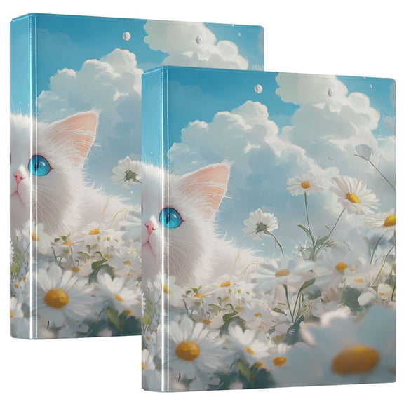 Ring Binders White Cat in Daisies Field Presentation1.5-inch, Slant Ring One-Touch