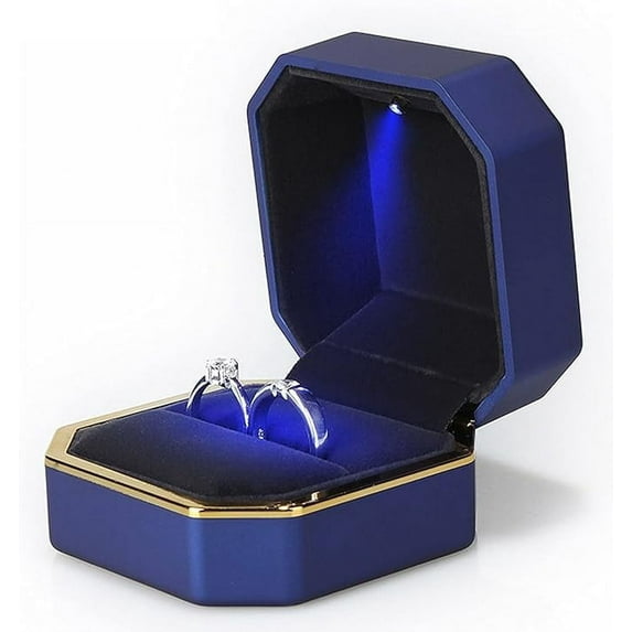 Ring Box, Jewelry Gift Boxes, Square Velvet Interior Elegant Style Design Ring Box with LED Light for Jewelry Display Wedding Engagement, Blue, 7.5cm * 7.5cm * 5cm