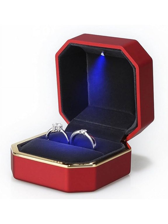 Ring Box, Jewelry Gift Boxes, Square Velvet Interior Elegant Style Design Ring Box with LED Light for Jewelry Display Wedding Engagement, Red, 7.5cm * 7.5cm * 5cm