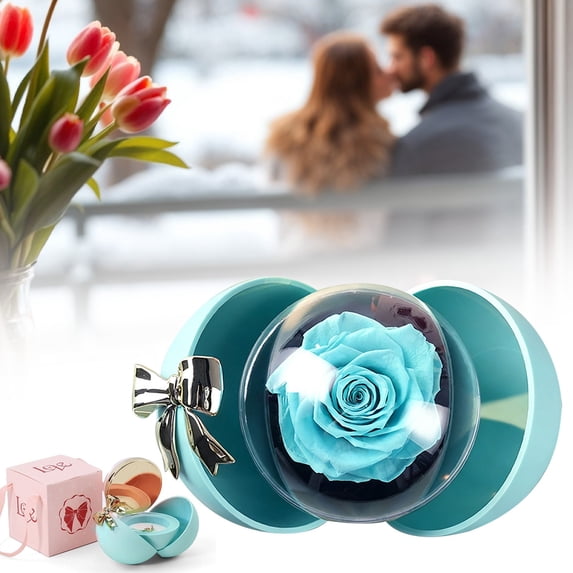 Ring Box for Proposal,Wedding Ring Box with Forever Rose Novel Bow Jewelry Ring Box for Girlfriend Women Mom Wife Anniversary Birthday Mothers Day for Her,Valentine's Day Gift Box Ring Case,Blue