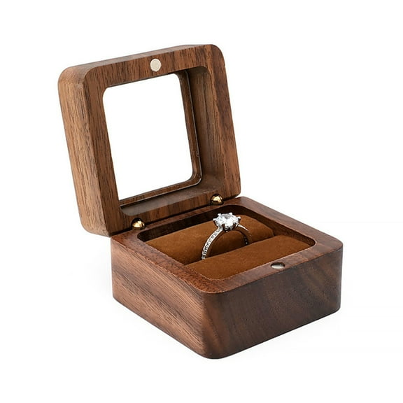Ring Box Square Portable Wood Vintage Design Earring Box for Wedding Brown Wood