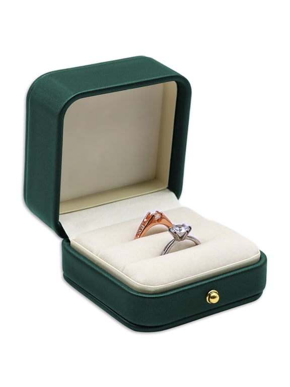 Ring Box Wedding Engagement Box Green, Square Leather Velvet Jewelry Ring Bearer Box, Premium Gorgeous Vintage Double Slots Ring Box for Proposal, Ceremony, Anniversary, Gift