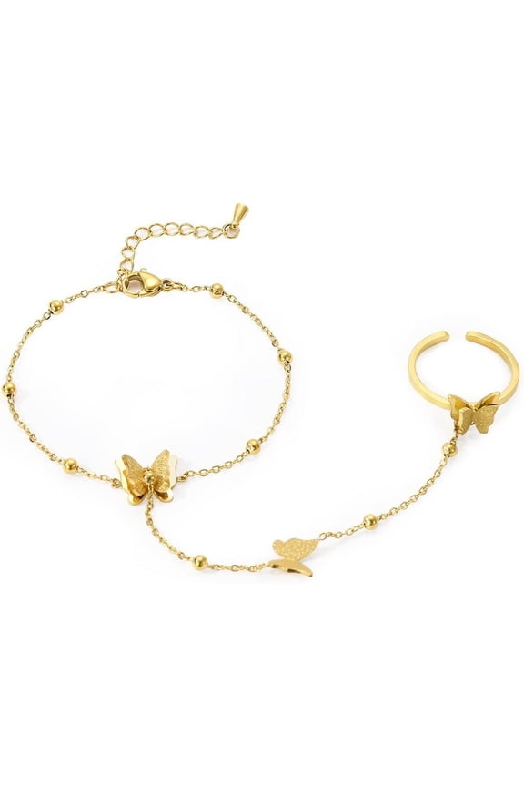 Ring Bracelet Hand Chain, Gold Plated Butterfly Ring And Chain Bracelet, Shiny Cuff Bangle Link Bracelet Dainty Hand Harness Chain Statement Jewelry Gift For Women Her[z6640]