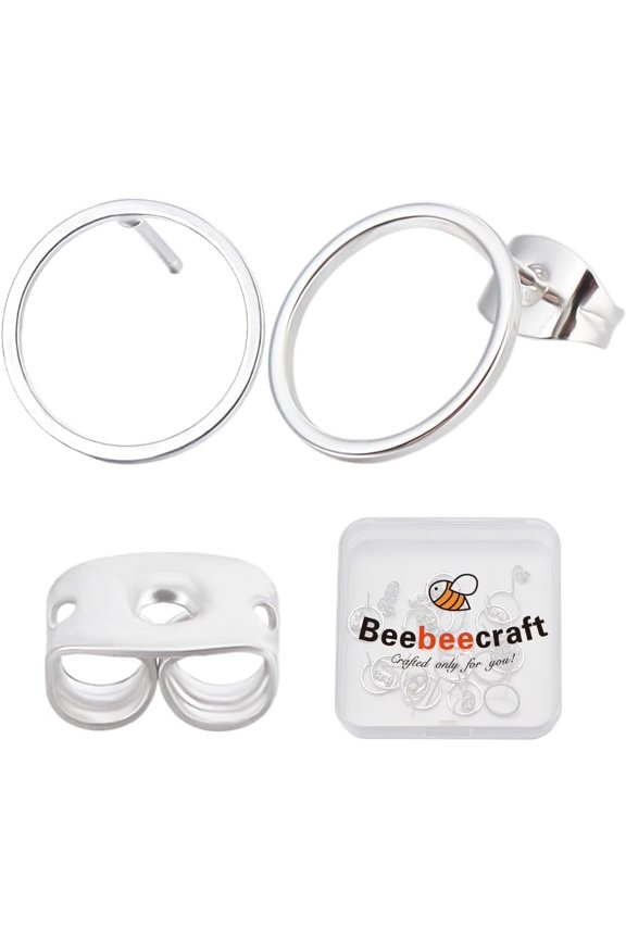 Ring Brass Stud Earing Findings Nickel Free with Friction Ear Nuts 925 Sterling Silver Plated 12mm Pin: 0.7mm 20Pcs/box