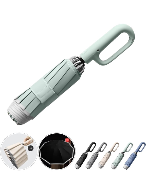 Ring Buckle Fully Automatic Umbrella, Reflective Safety Strip, Sturdy Windproof, Reverse Automatic, Travel Portable, Compact Folding (Green)