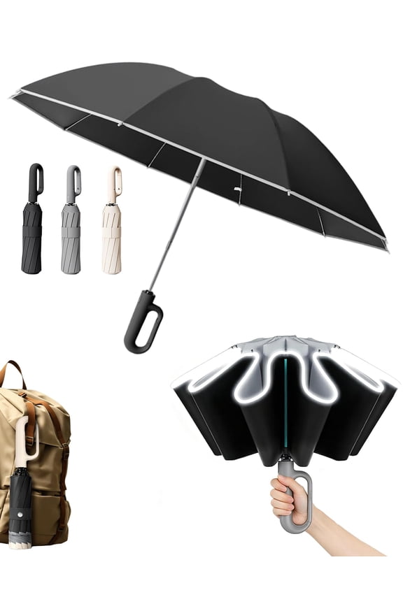 Ring Buckle Inverted Windproof Umbrella – Carabiner Handle & Reflective Strip, Sturdy 10 Ribs for Sunny & Rainy Days