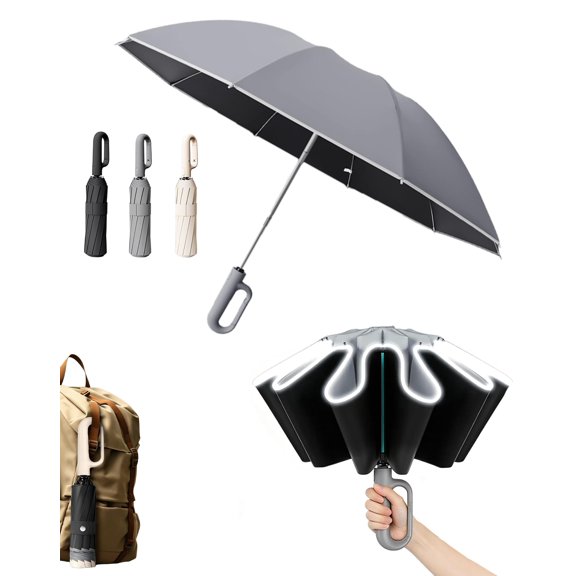 Ring Buckle Inverted Windproof Umbrella – Carabiner Handle & Reflective Strip, Sturdy 10 Ribs for Sunny & Rainy Days
