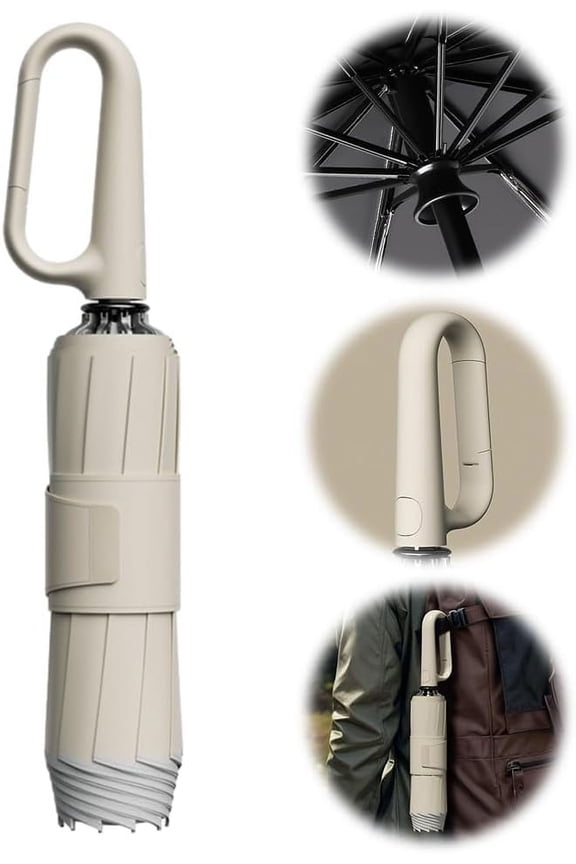 Ring Buckle Umbrella, 2025 Upgrade Windproof Reverse Folding Umbrella with Reflective Safety Strip Carabiner Handle, Portable Reverse Folding Automatic Umbrella with 10 Ribs for Sturdy Windproof