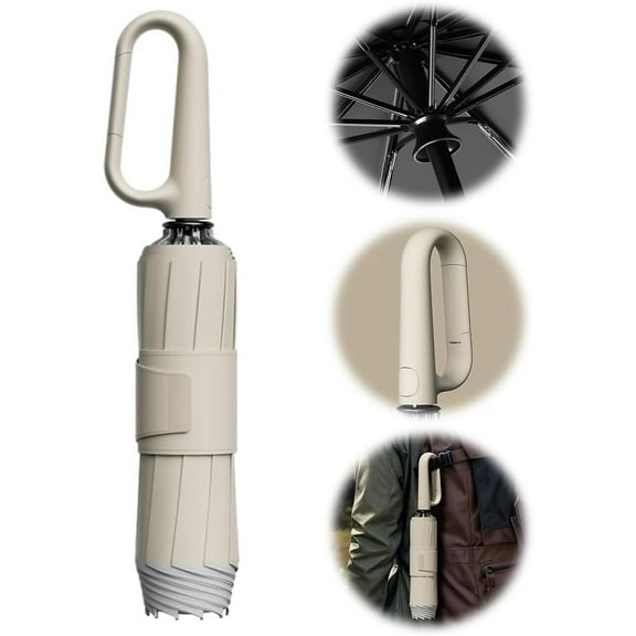Ring Buckle Umbrella, 2025 Upgrade Windproof Reverse Folding Umbrella with Reflective Safety Strip Carabiner Handle, Portable Reverse Folding Automatic Umbrella with 10 Ribs for Sturdy Windproof