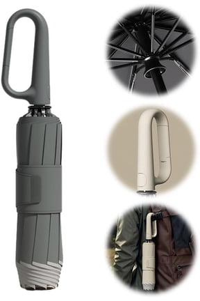 Ring Buckle Umbrella, 2025 Upgrade Windproof Reverse Folding Umbrella with Reflective Safety Strip Carabiner Handle, Portable Reverse Folding Automatic Umbrella with 10 Ribs for Sturdy Windproof