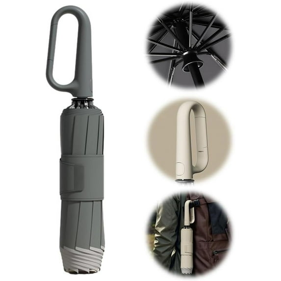 Ring Buckle Umbrella, 2025 Upgrade Windproof Reverse Folding Umbrella with Reflective Safety Strip Carabiner Handle, Portable Reverse Folding Automatic Umbrella with 10 Ribs for Sturdy Windproof