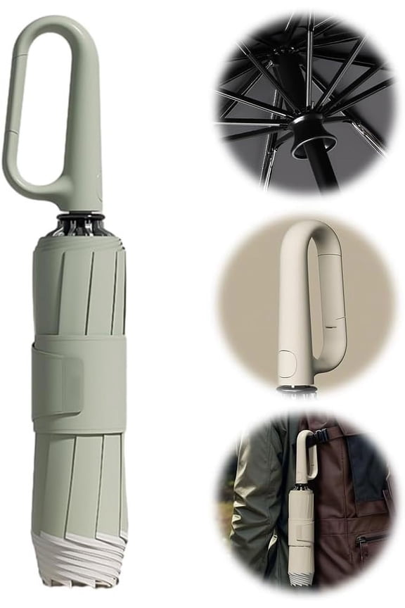 Ring Buckle Umbrella, 2025 Upgrade Windproof Reverse Folding Umbrella with Reflective Safety Strip Carabiner Handle, Portable Reverse Folding Automatic Umbrella with 10 Ribs for Sturdy Windproof