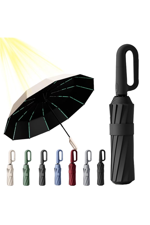 Ring Buckle Umbrella, Ring Buckle Umbrella Windproof, Reflective Safety Strip, 49In Compact Folding Durable Travel Reverse (Black)