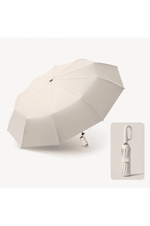 Ring Buckle Umbrella, Windproof Reinforced Automatic Umbrella with Creative Buckle Handle for Rain and Sun Protection, Beige