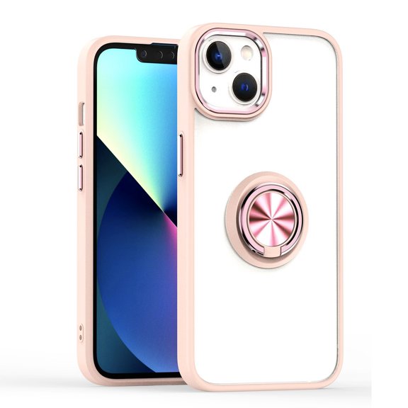 Ring Case Compatible with Apple iPhone 14 Plus (6.7") Magnetic Ring Stand Holder Hybrid Thick Chromed Kickstand Color Frame Soft TPU + Hard PC Cover [ Rose Gold ]
