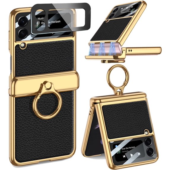 Ring Case Compatible for Samsung Galaxy Z Flip 3 5g Case with Hinge Protection & Camera Protector,Full Protective Magnetic Leather Samsung Flip 3 Cover,Flip Phone Case Galaxy Z Flip 3 Case Black