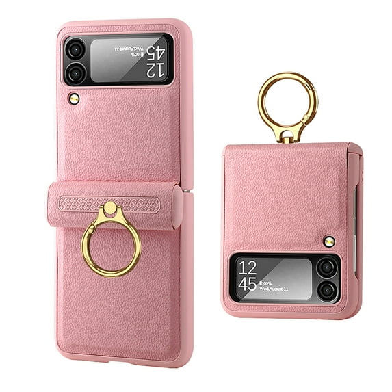 Ring Case Compatible for Samsung Galaxy Z Flip 3 5g Case with Screen Protector Hinge Protection,Slim & Thin Shockproof Hard PC Leather Cover Protective Phone Case for Samsung Flip 3 Case, Pink