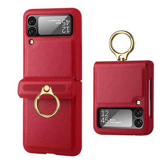 Ring Case Compatible for Samsung Galaxy Z Flip 4 5g Case with Screen Protector Hinge Protection,Slim & Thin Shockproof Hard PC Leather Cover Protective Phone Case for Samsung Flip 4 Case, Red