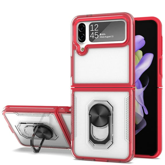 Ring Case Compatible with Samsung Galaxy Z Flip 4 5G Clear Transparent Armor Defender Shockproof Hybrid with Ring Holder Kickstand Cover [ Red ]