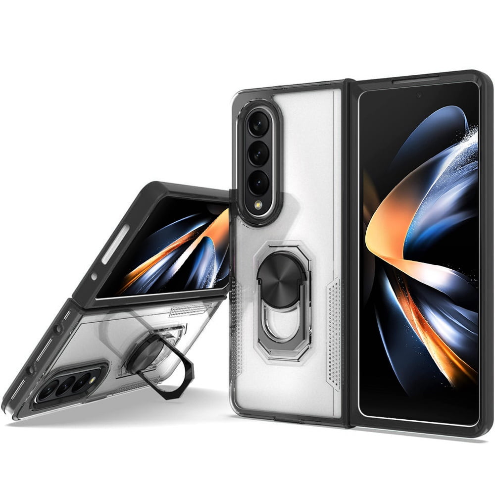 Ring Case Compatible with Samsung Galaxy Z Fold 4 Clear Transparent Armor  Defender Shockproof Hybrid with Ring Holder Kickstand Cover [ Black ]