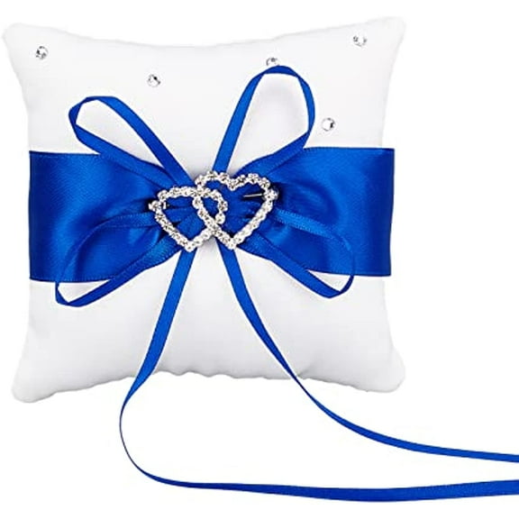 Ring Cushion Wedding Marriage Couple Ring Holder Ring Bearer Cushion Wedding Ring Pillow Blue Bow Knot Double Hearts Diamonds Wedding Ring Pillow Bearer Holder Pillow with Bow Knot
