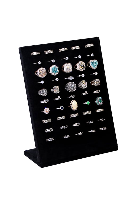 Ring Display Stand, Velvet Ring Holder, 50 Slots Rings Organizer Jewelry Display Tray, L-Shaped Jewelry Organizer Stand for Rings Earrings Selling (Black 1Pcs)