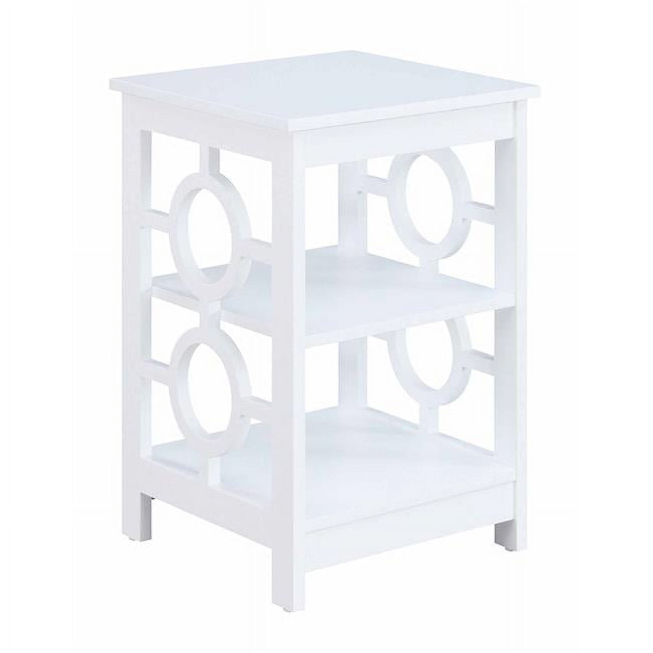 White Three-Tier Particle Board End Table with Circular Cutouts