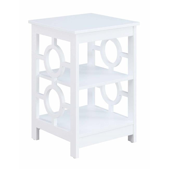 White Three-Tier Particle Board End Table with Circular Cutouts
