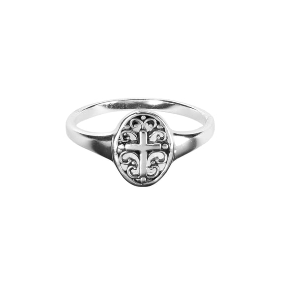 Dicksons Open Filigree Oval with Cross Silver Plated Size 8 Ring