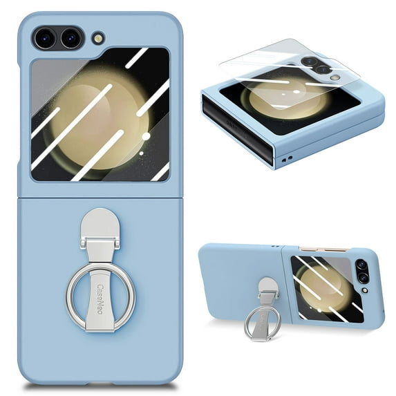 Ring Holder Case Compatible with Samsung Galaxy Z Flip 5 Case, Slim Thin Solid Sturdy Hard PC All-Inclusive Anti-Drop Built-in Screen Protector Case for Samsung Galaxy Z Filp 5 5G 2023, Skyblue