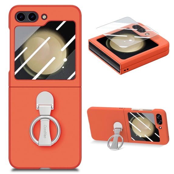 Ring Holder Case Compatible with Samsung Galaxy Z Flip 6 Case, Slim Thin Solid Sturdy Hard PC All-Inclusive Anti-Drop Built-in Screen Protector Case for Samsung Galaxy Z Filp 5 5G 2023, Orange